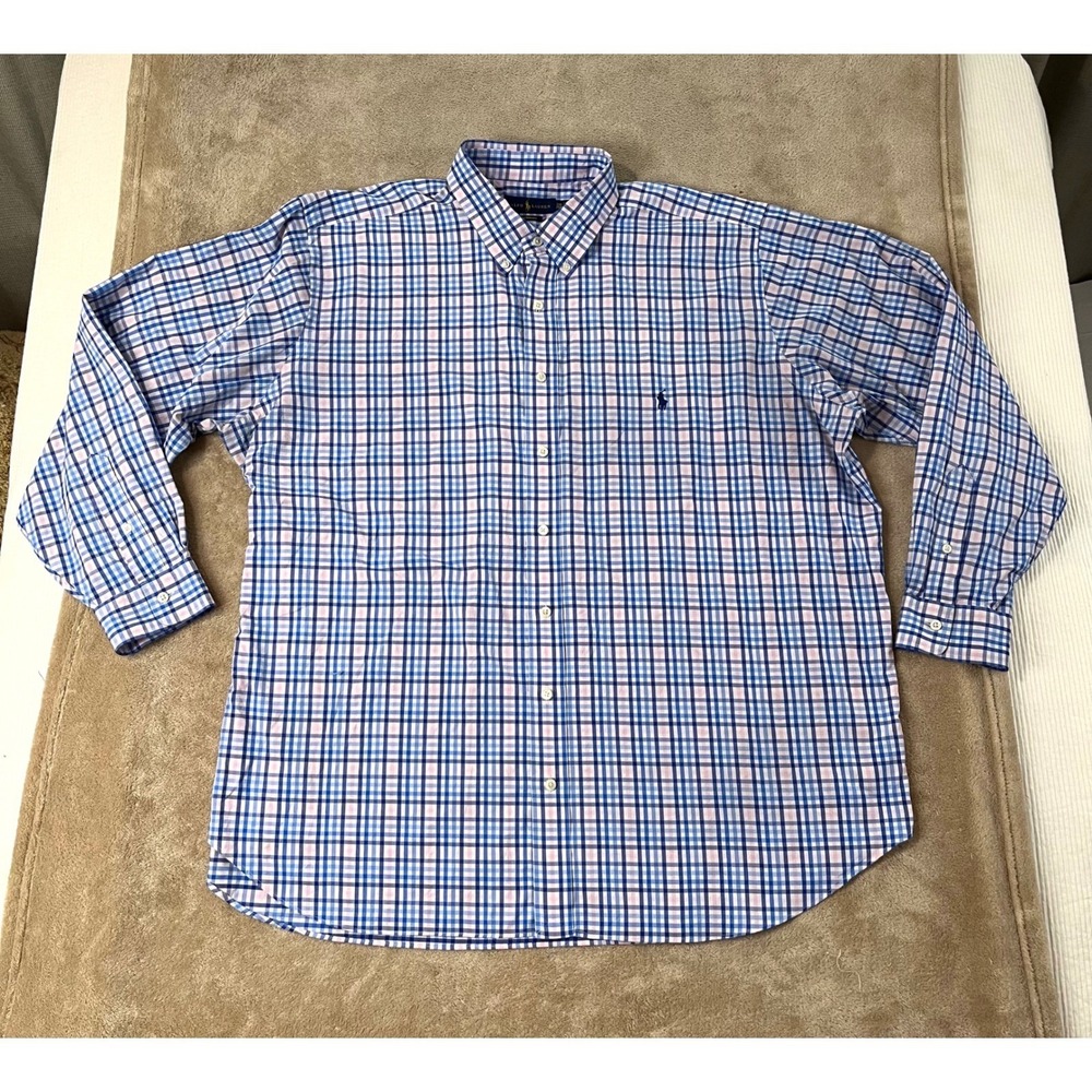 Ralph Lauren Performance Shirt Men's 2XB Big Blue Pink Plaid Button‎ Down EUC